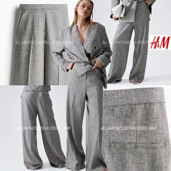 NWT H&M Gray Melange Drapey Creased High Waisted Wide Leg Trouser Dress Pants 16 - Picture 3 of 12